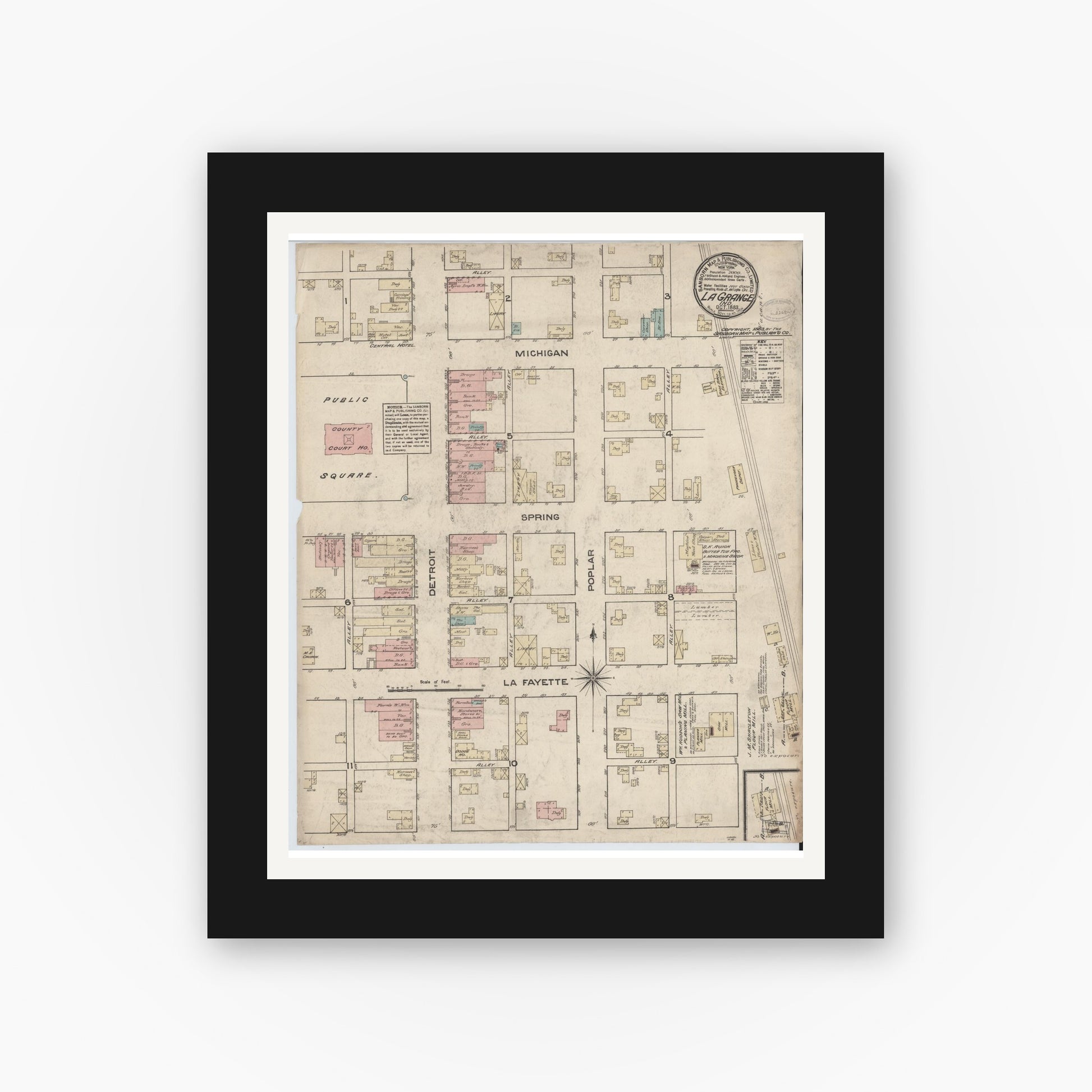 Old map wall art mockup — black gallery frame with white mat — Sanborn Fire Insurance Map from Lagrange, LaGrange County, Indiana (1883), Sheet #0001