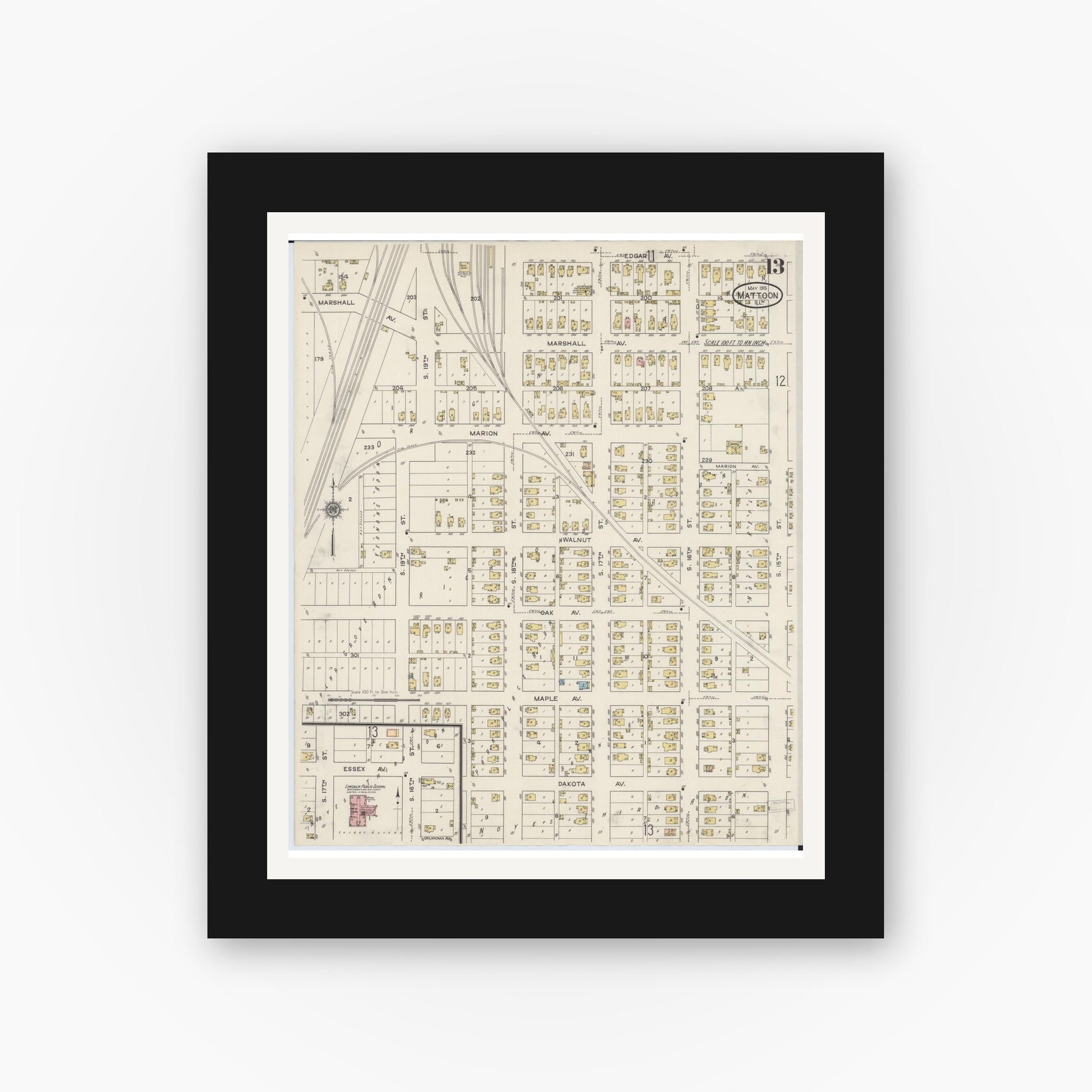Old map wall art mockup — black gallery frame with white mat — Sanborn Fire Insurance Map from Mattoon, Coles County, Illinois (1915), Sheet #0013