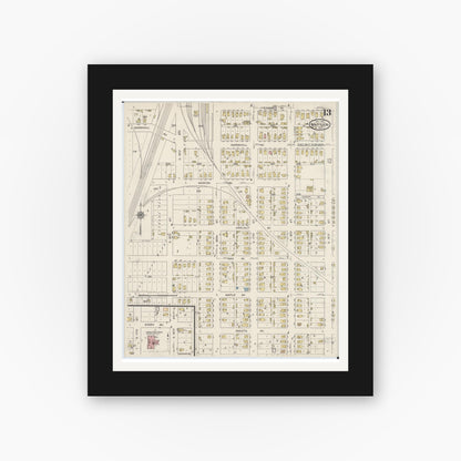 Old map wall art mockup — black gallery frame with white mat — Sanborn Fire Insurance Map from Mattoon, Coles County, Illinois (1915), Sheet #0013