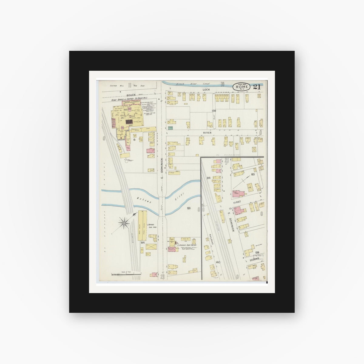 Old map wall art mockup — black gallery frame with white mat — Sanborn Fire Insurance Map from Rome, Oneida County, New York (1894), Sheet #0021