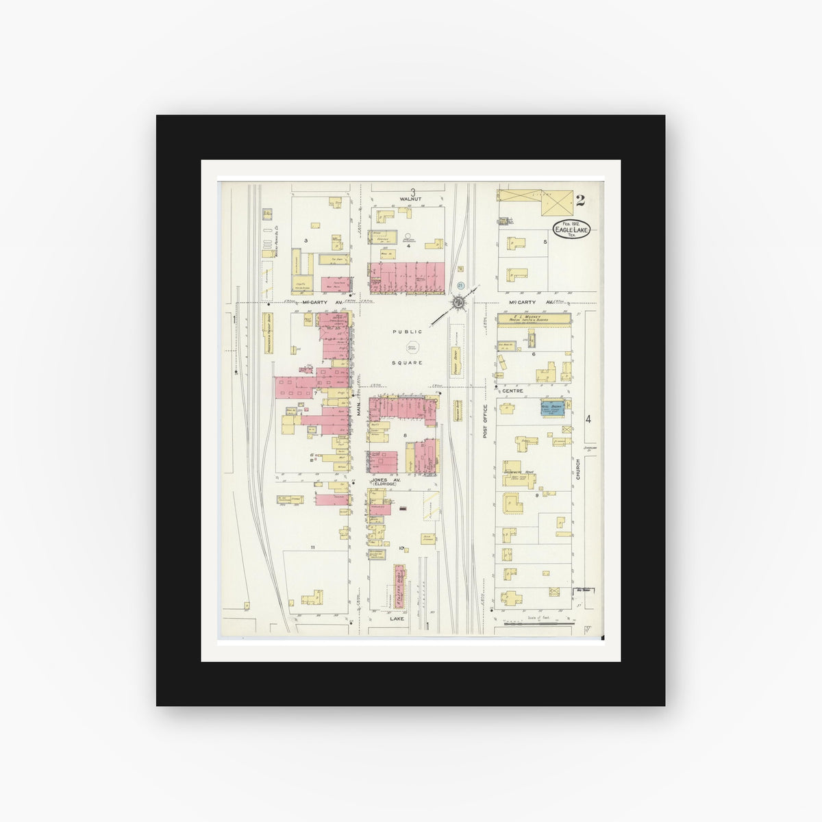 Old map wall art mockup — black gallery frame with white mat — Sanborn Fire Insurance Map from Eagle Lake, Colorado County, Texas (1912), Sheet #0002