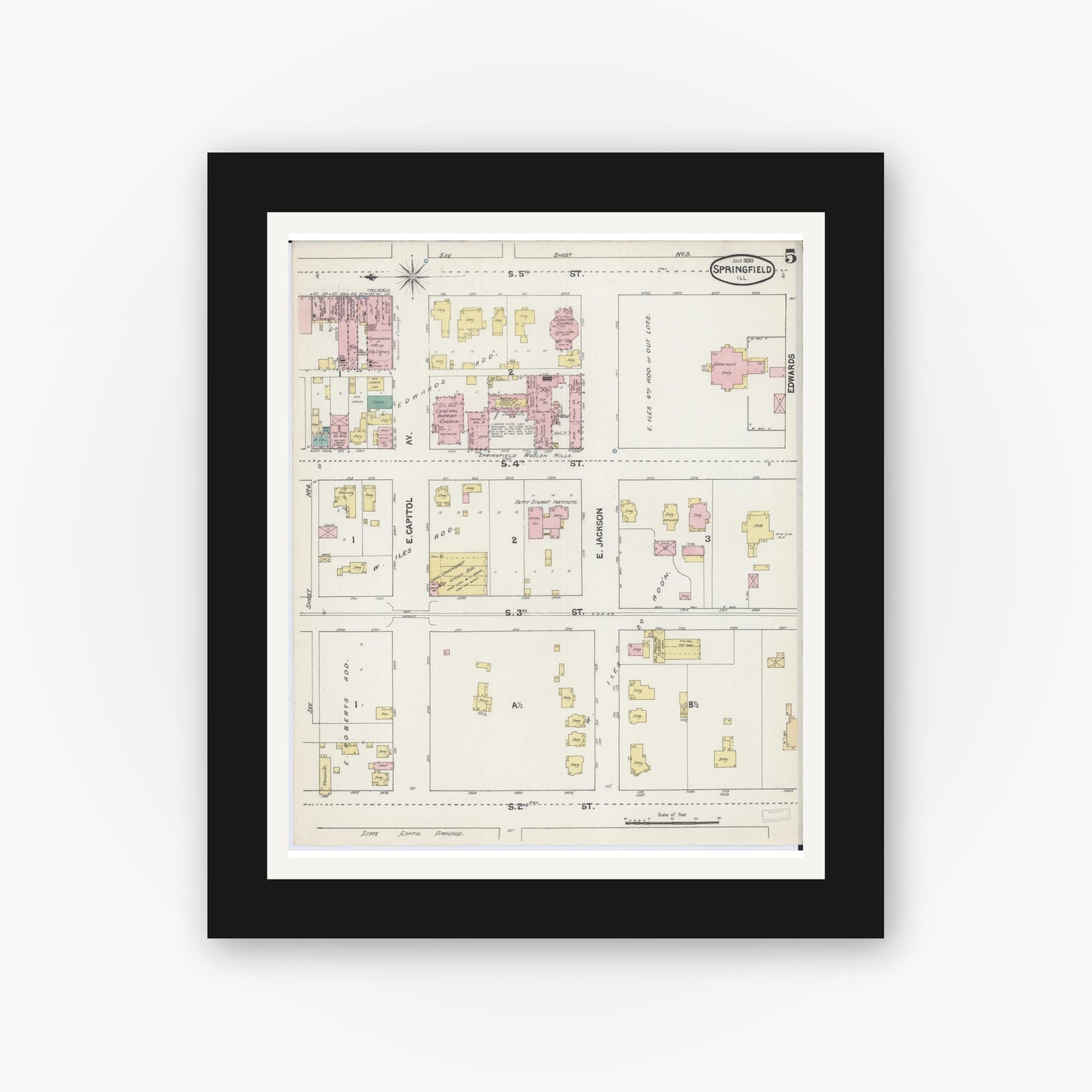 Old map wall art mockup — black gallery frame with white mat — Sanborn Fire Insurance Map from Springfield, Sangamon County, Illinois (1890), Sheet #0005