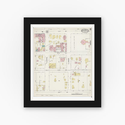 Old map wall art mockup — black gallery frame with white mat — Sanborn Fire Insurance Map from Springfield, Sangamon County, Illinois (1890), Sheet #0005
