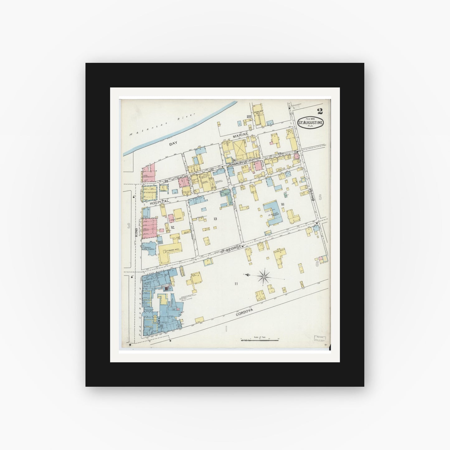 Old map wall art mockup — black gallery frame with white mat — Sanborn Fire Insurance Map from Saint Augustine, Saint John's County, Florida (1893), Sheet #0002