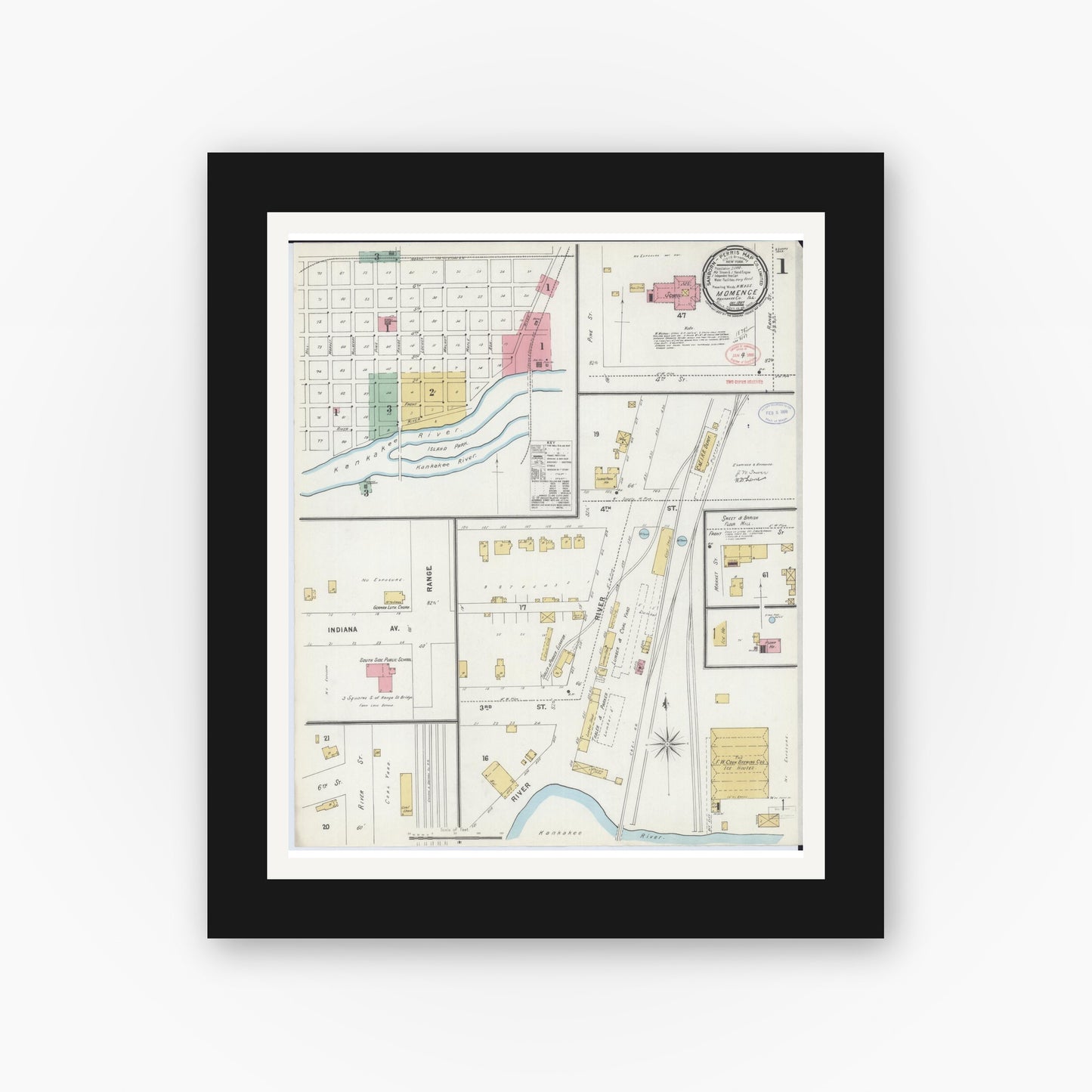 Old map wall art mockup — black gallery frame with white mat — Sanborn Fire Insurance Map from Momence, Kankakee County, Illinois (1897) - Complete Map Set