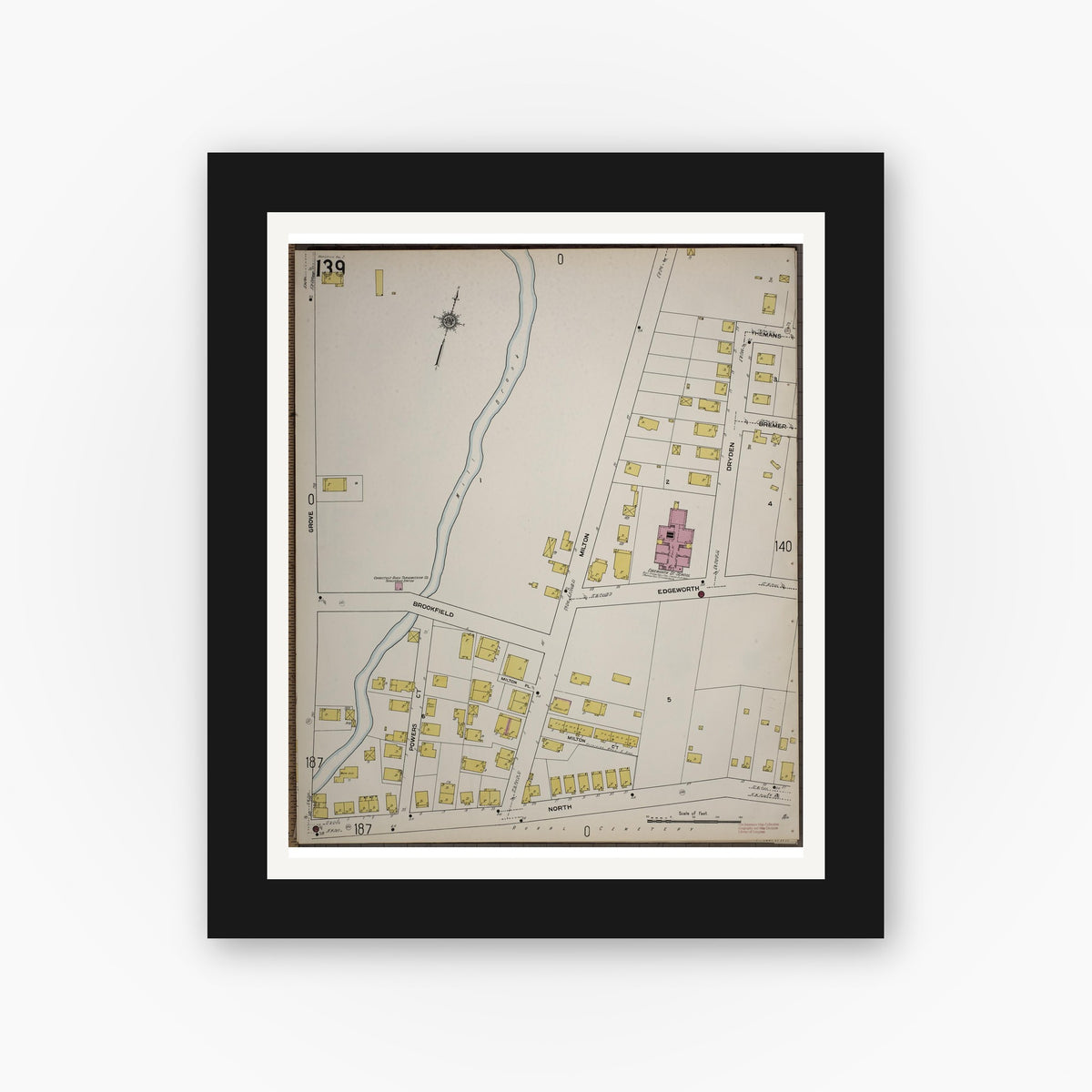 Old map wall art mockup — black gallery frame with white mat — Sanborn Fire Insurance Map from Worcester, Worcester County, Massachusetts (1910), Sheet #0139