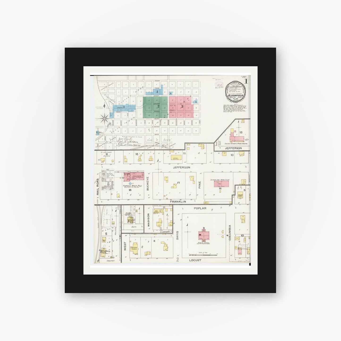 Old map wall art mockup — black gallery frame with white mat — Sanborn Fire Insurance Map from Bloomfield, Davis County, Iowa (1893) â€” Complete Set