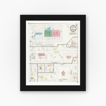 Old map wall art mockup — black gallery frame with white mat — Sanborn Fire Insurance Map from Bloomfield, Davis County, Iowa (1893) â€” Complete Set