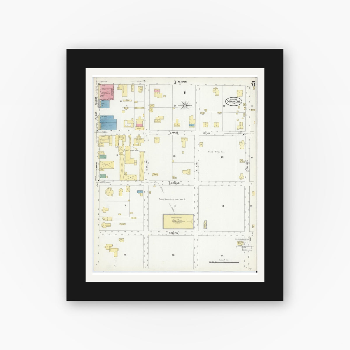 Old map wall art mockup — black gallery frame with white mat — Sanborn Fire Insurance Map from Comanche, Comanche County, Texas (1908), Sheet #0005