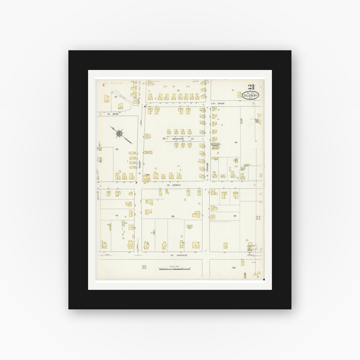 Old map wall art mockup — black gallery frame with white mat — Sanborn Fire Insurance Map from Salisbury, Rowan County, North Carolina (1913), Sheet #0021