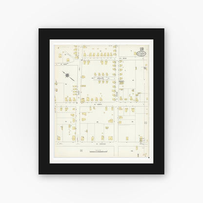 Old map wall art mockup — black gallery frame with white mat — Sanborn Fire Insurance Map from Salisbury, Rowan County, North Carolina (1913), Sheet #0021
