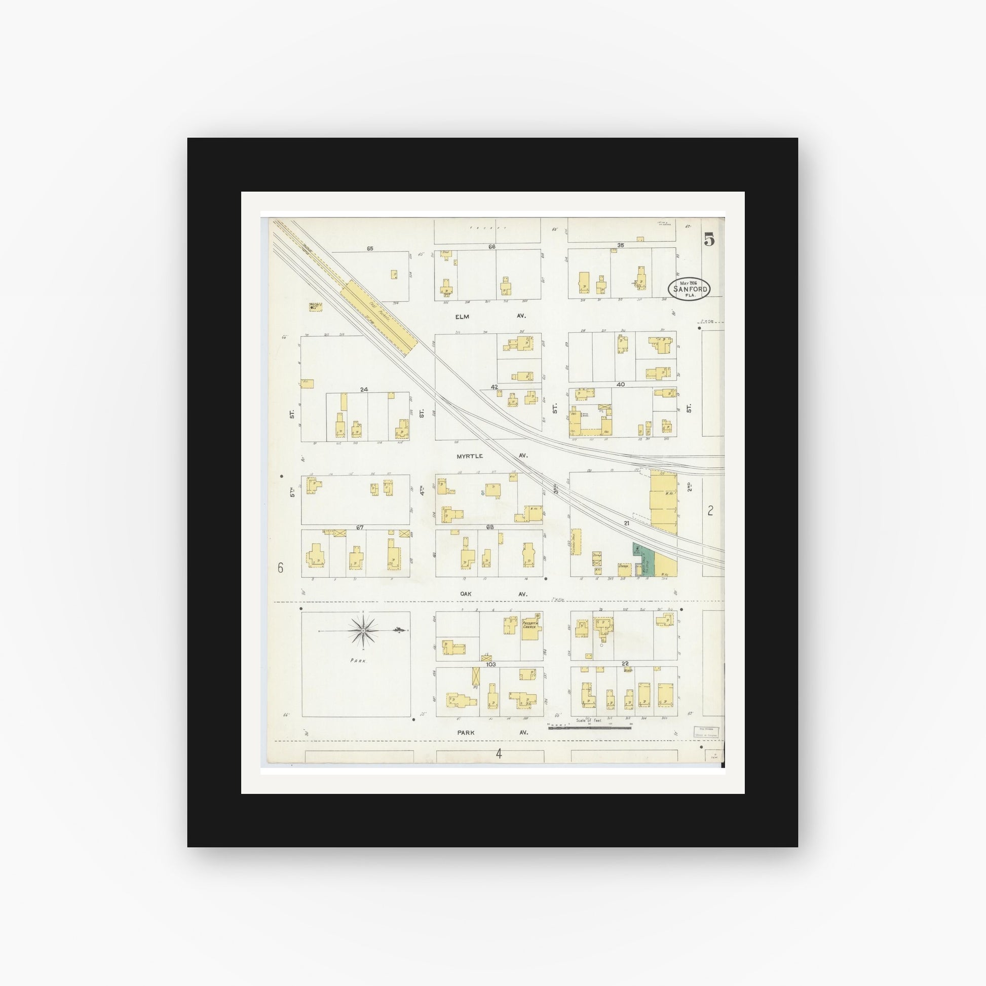Old map wall art mockup — black gallery frame with white mat — Sanborn Fire Insurance Map from Sanford, Seminole County, Florida (1906), Sheet #0005
