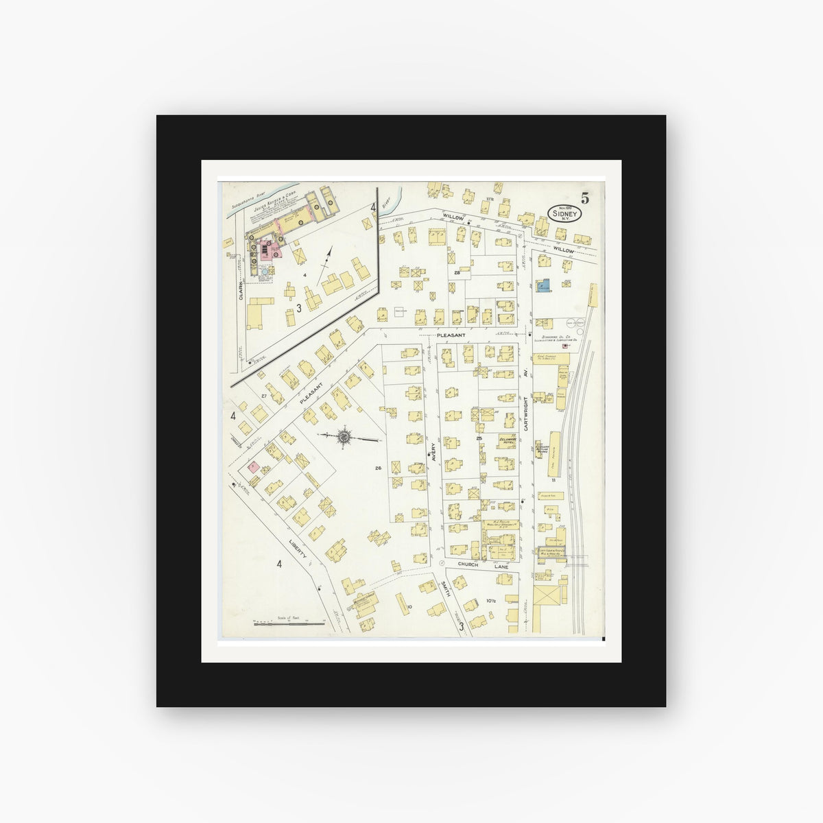 Old map wall art mockup — black gallery frame with white mat — Sanborn Fire Insurance Map from Sidney, Delaware County, New York (1910), Sheet #0005