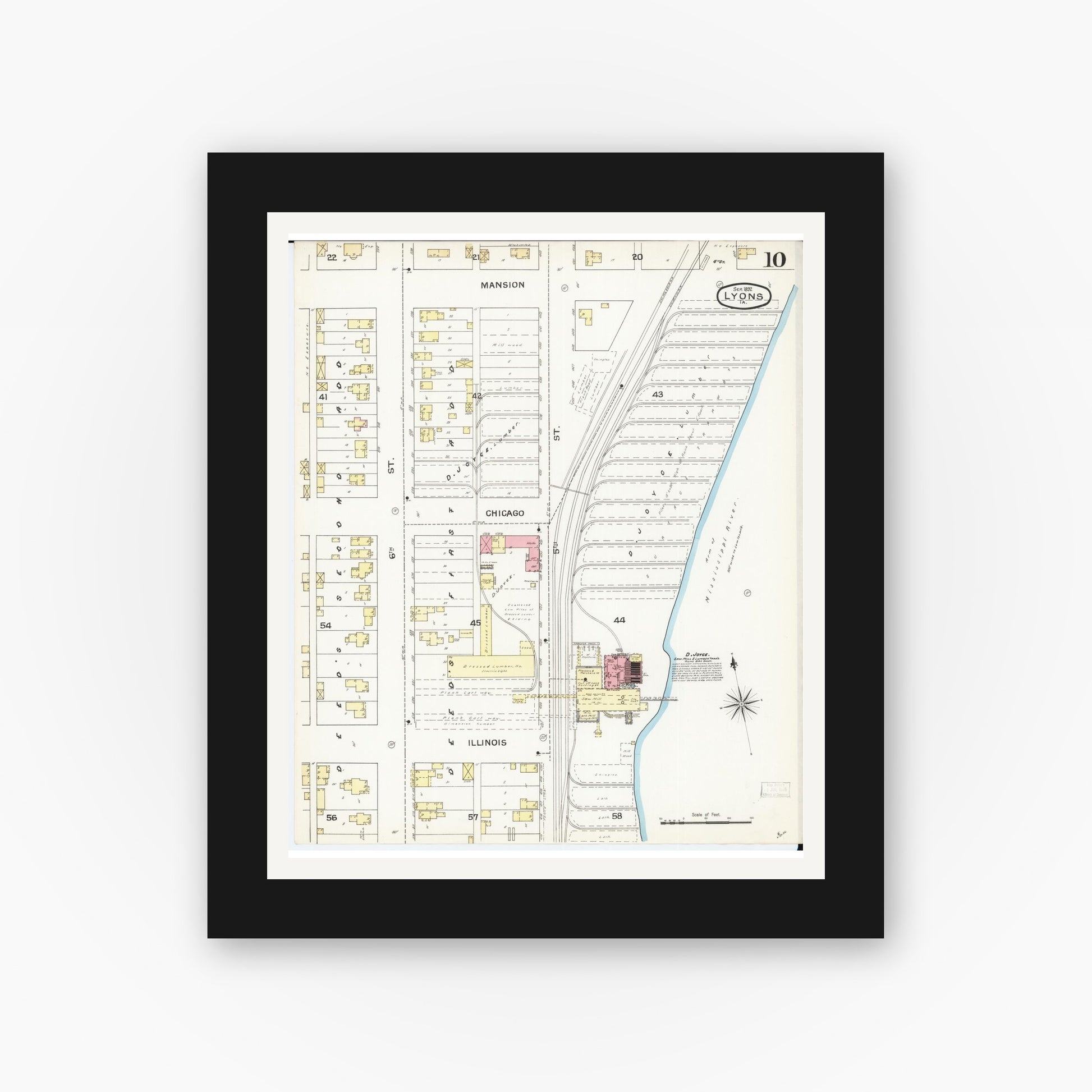 Old map wall art mockup — black gallery frame with white mat — Sanborn Fire Insurance Map from Lyons, Clinton County, Iowa (1892), Sheet #0010