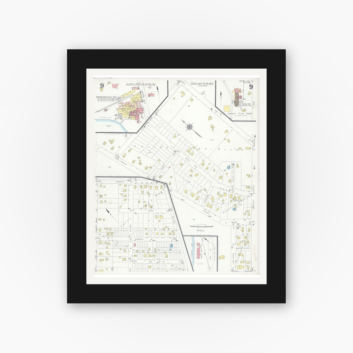 Old map wall art mockup — black gallery frame with white mat — Sanborn Fire Insurance Map from Crystal Lake, McHenry County, Illinois (1936), Sheet #0009