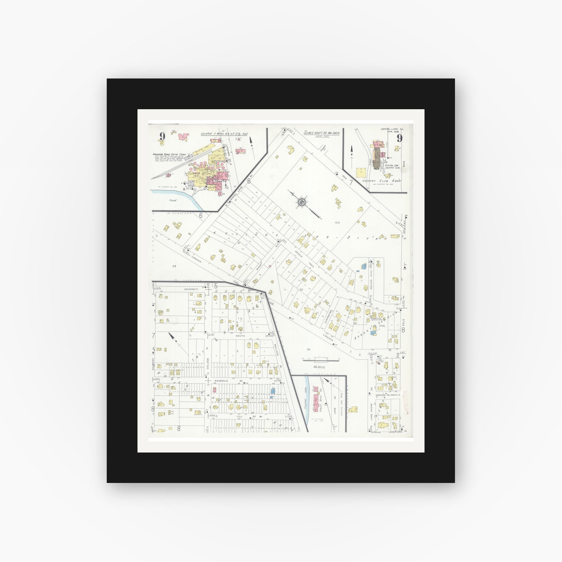 Old map wall art mockup — black gallery frame with white mat — Sanborn Fire Insurance Map from Crystal Lake, McHenry County, Illinois (1936), Sheet #0009