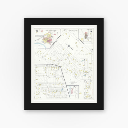 Old map wall art mockup — black gallery frame with white mat — Sanborn Fire Insurance Map from Crystal Lake, McHenry County, Illinois (1936), Sheet #0009