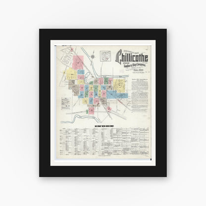 Old map wall art mockup — black gallery frame with white mat — Sanborn Fire Insurance Map from Chillicothe, Ross County, Ohio (1914) - Complete Map Set