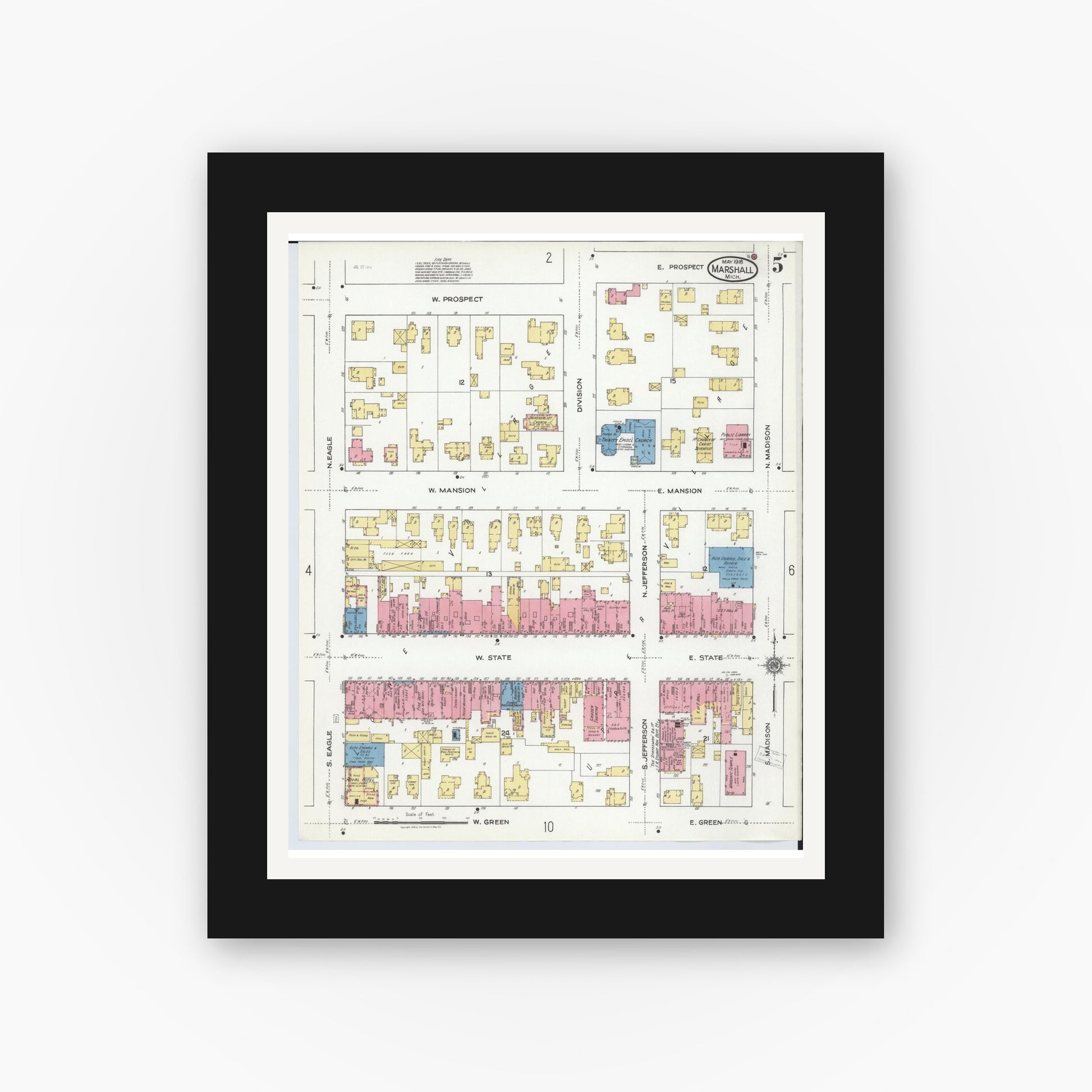 Old map wall art mockup — black gallery frame with white mat — Sanborn Fire Insurance Map from Marshall, Calhoun County, Michigan (1916), Sheet #0005