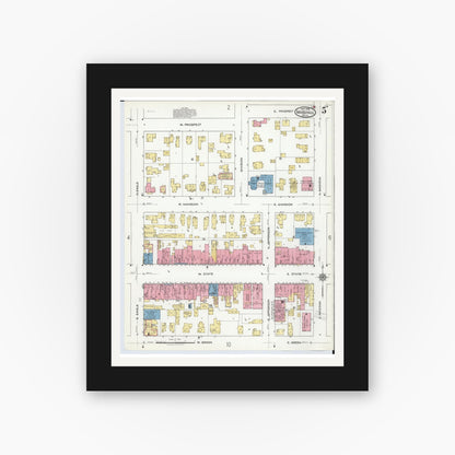 Old map wall art mockup — black gallery frame with white mat — Sanborn Fire Insurance Map from Marshall, Calhoun County, Michigan (1916), Sheet #0005