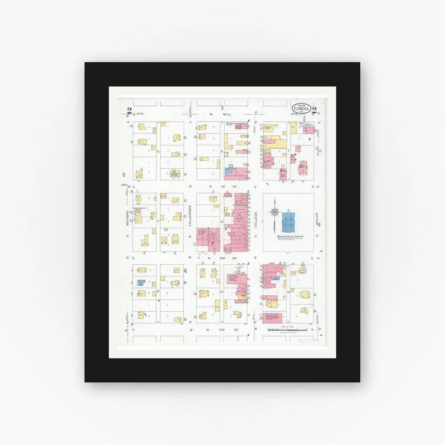 Old map wall art mockup — black gallery frame with white mat — Sanborn Fire Insurance Map from Eureka, Woodford County, Illinois (1926), Sheet #0002