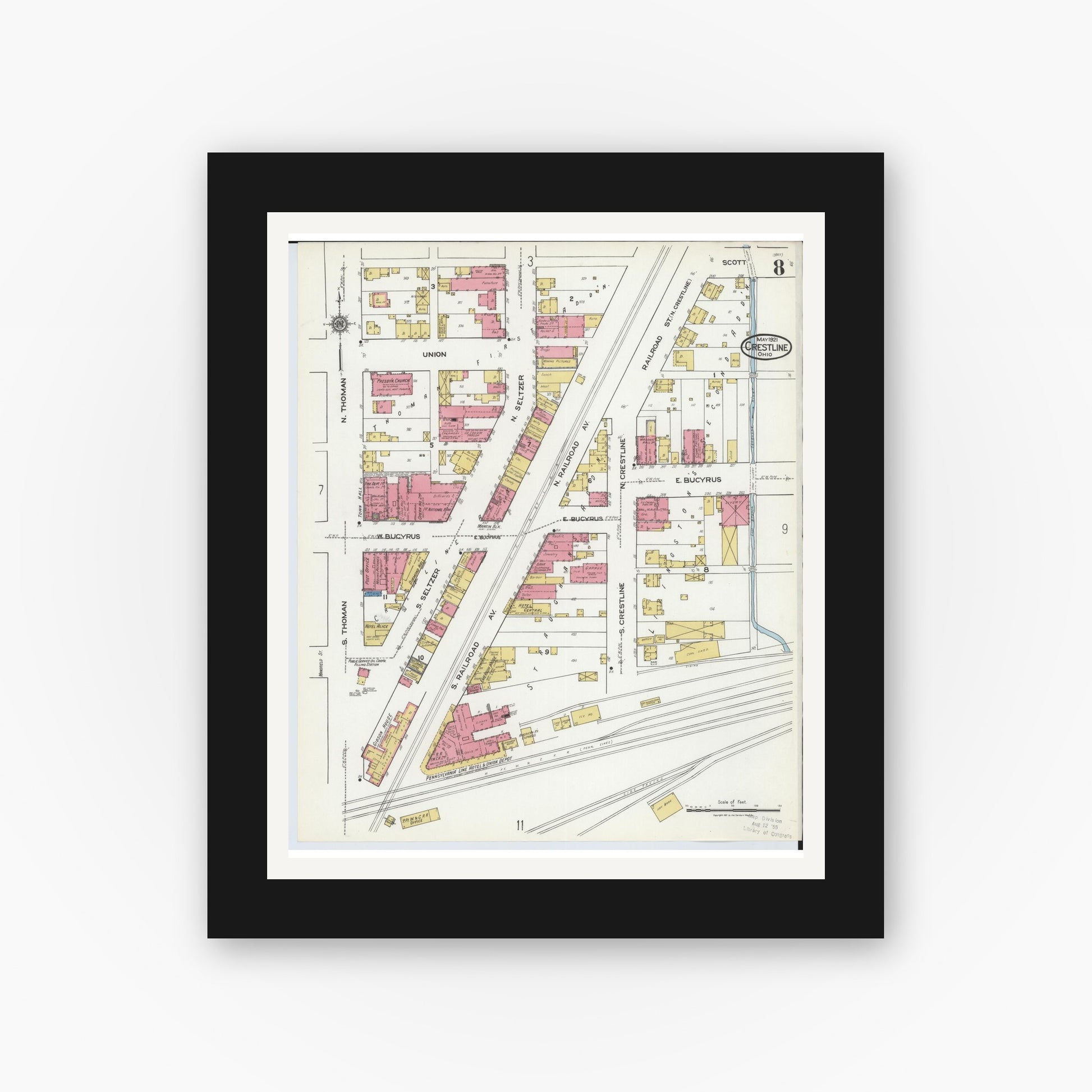 Old map wall art mockup — black gallery frame with white mat — Sanborn Fire Insurance Map from Crestline, Crawford County, Ohio (1921), Sheet #0008