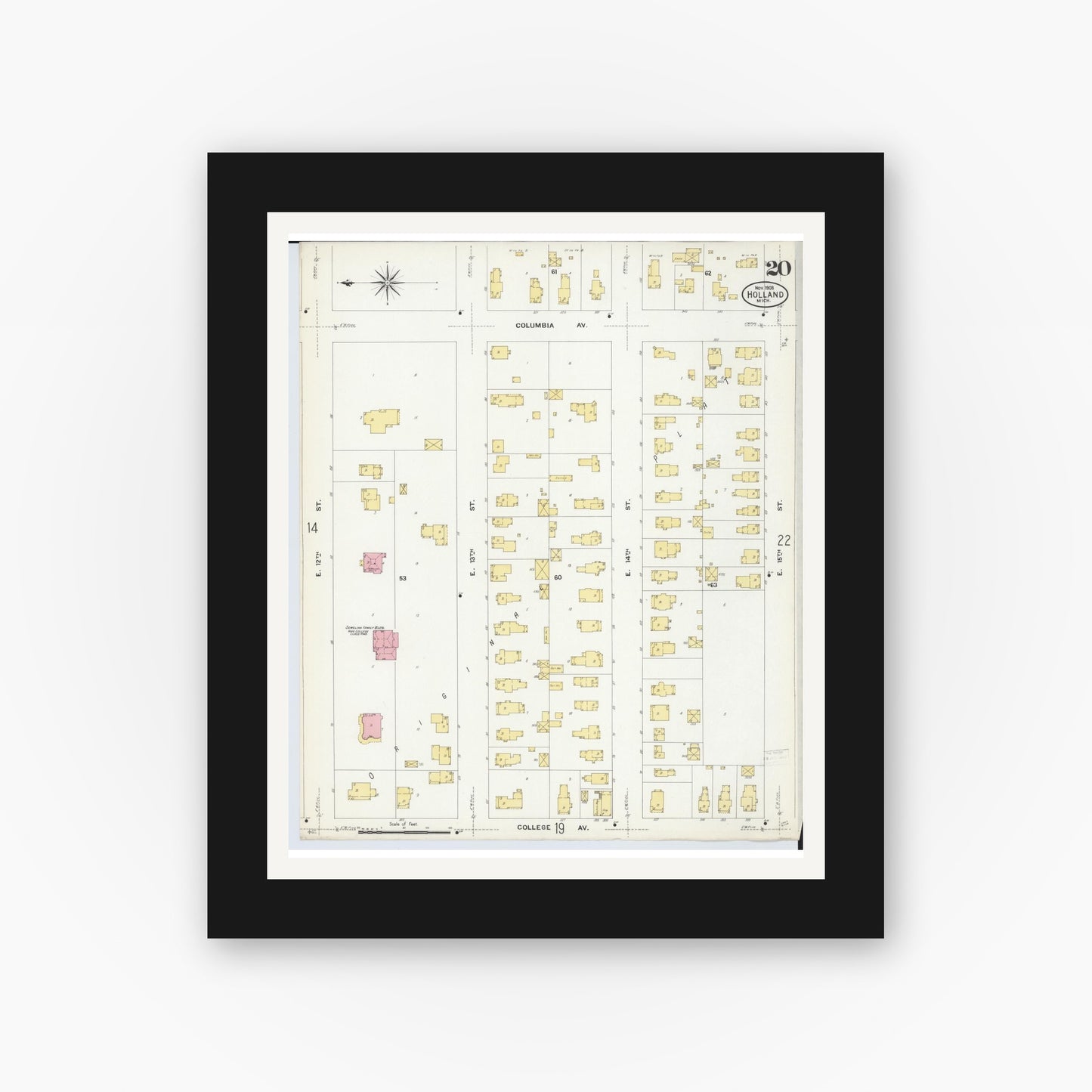 Old map wall art mockup — black gallery frame with white mat — Sanborn Fire Insurance Map from Holland, Ottawa County, Michigan (1908), Sheet #0020