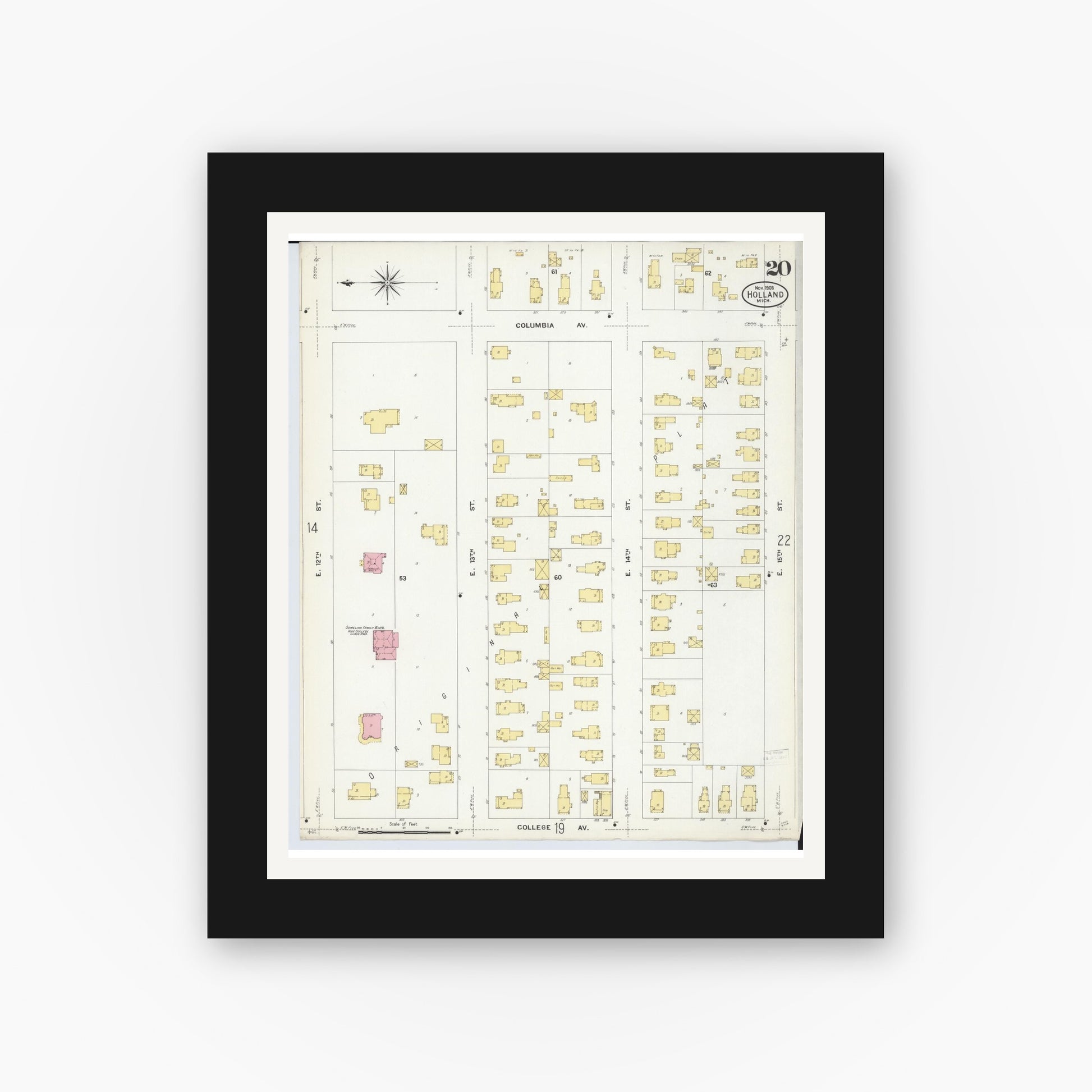 Old map wall art mockup — black gallery frame with white mat — Sanborn Fire Insurance Map from Holland, Ottawa County, Michigan (1908), Sheet #0020