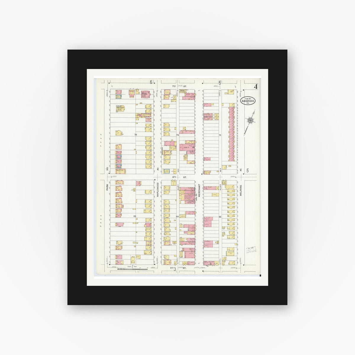 Old map wall art mockup — black gallery frame with white mat — Sanborn Fire Insurance Map from Ambridge, Beaver County, Pennsylvania (1911), Sheet #0004