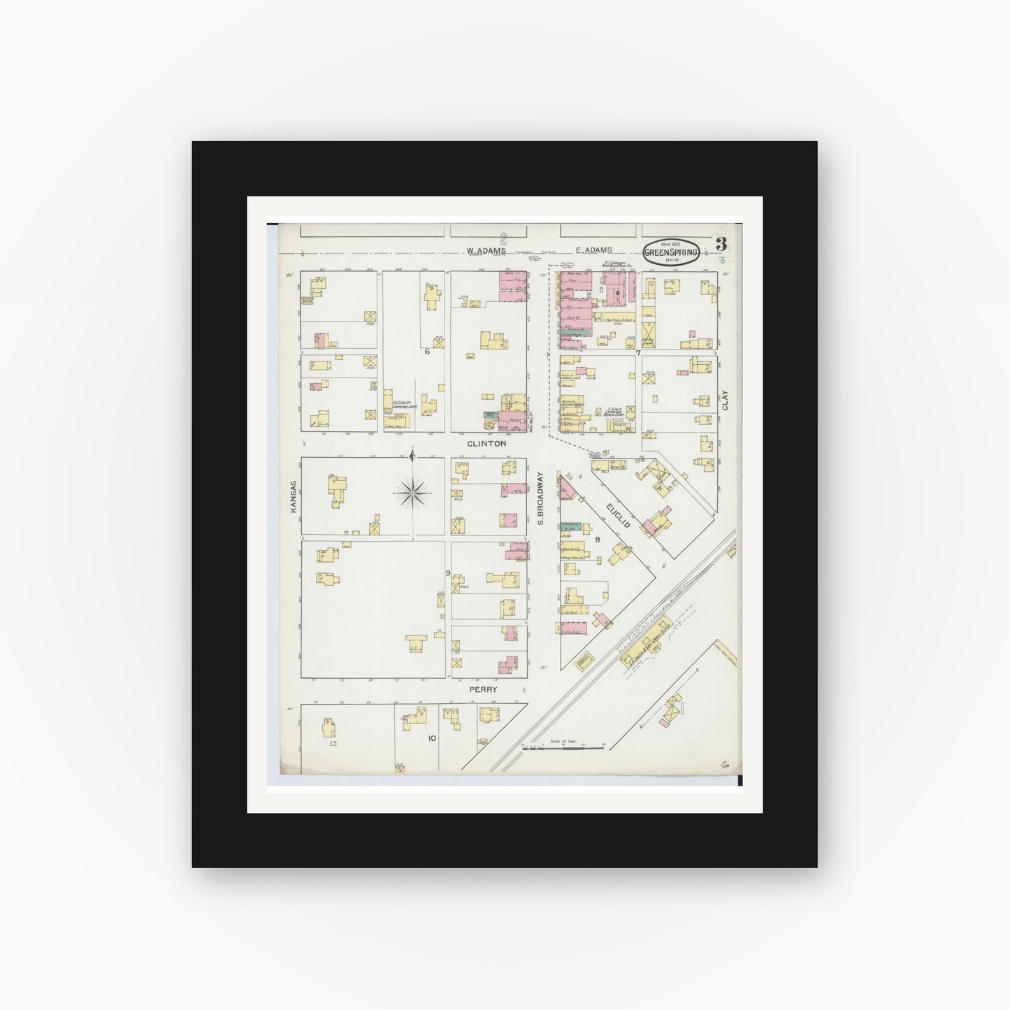 Old map wall art mockup — black gallery frame with white mat — Sanborn Fire Insurance Map from Green Springs, Sandusky And Seneca Counties, Ohio (1893), Sheet #0003