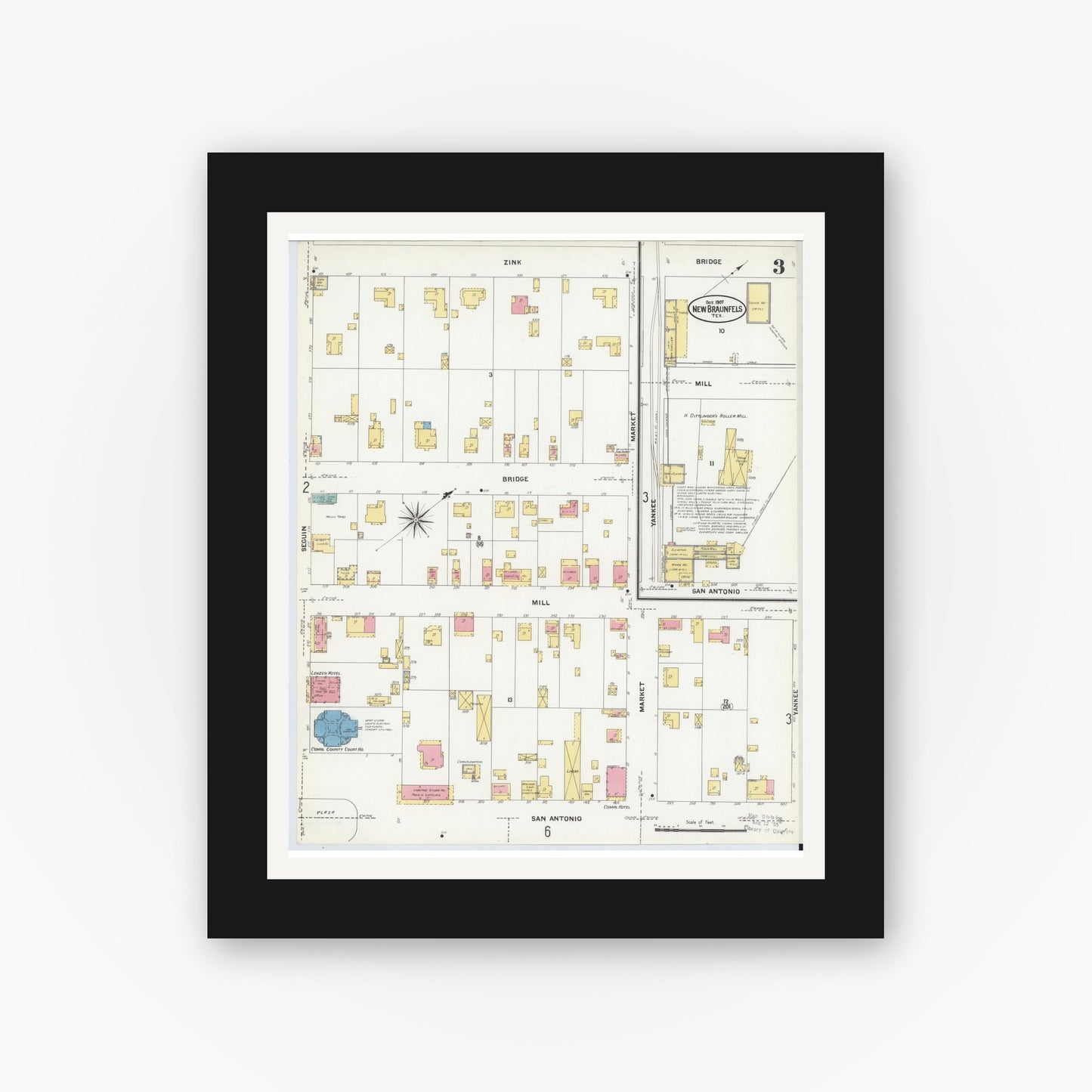Old map wall art mockup — black gallery frame with white mat — Sanborn Fire Insurance Map from New Braunfels, Comal County, Texas (1907), Sheet #0003