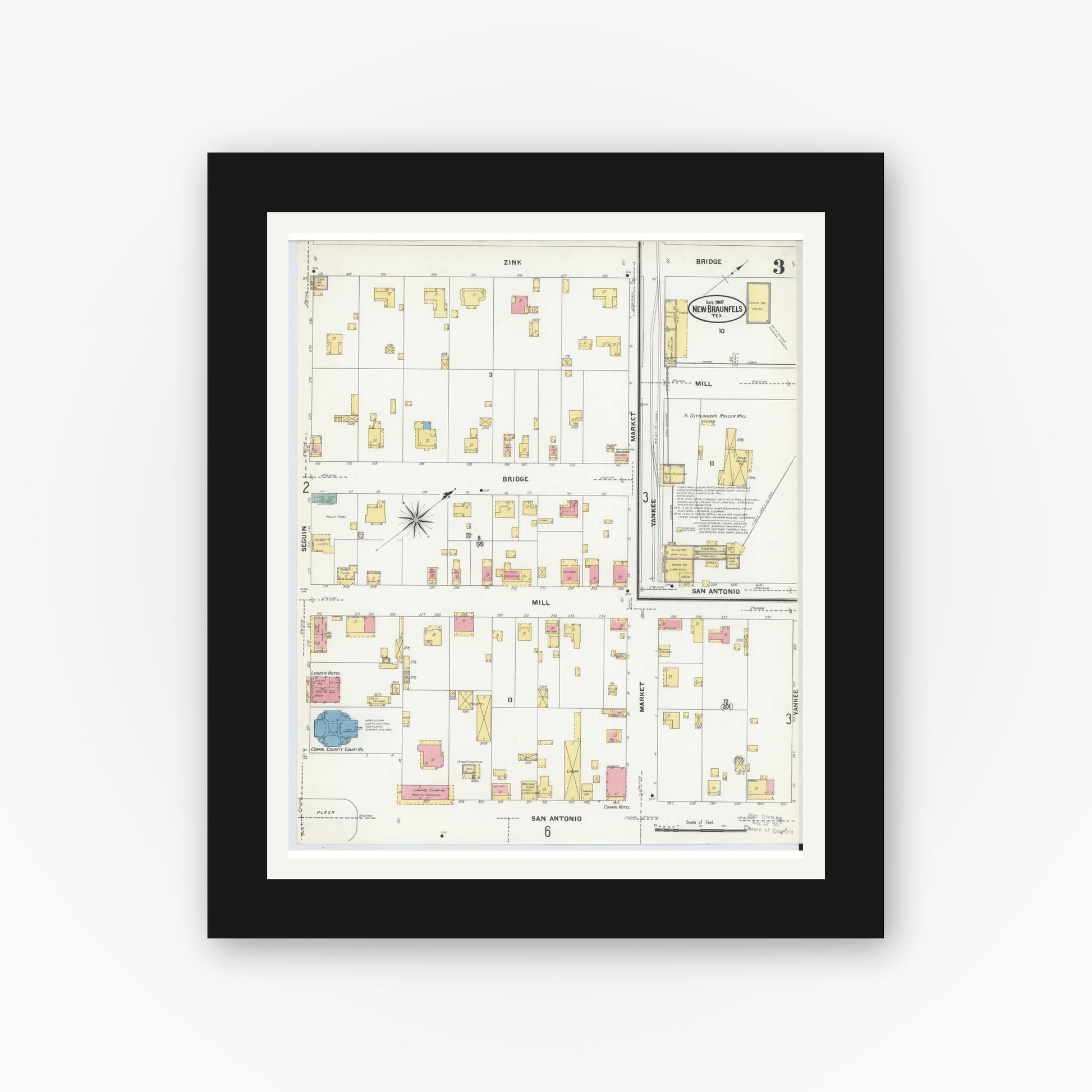 Old map wall art mockup — black gallery frame with white mat — Sanborn Fire Insurance Map from New Braunfels, Comal County, Texas (1907), Sheet #0003