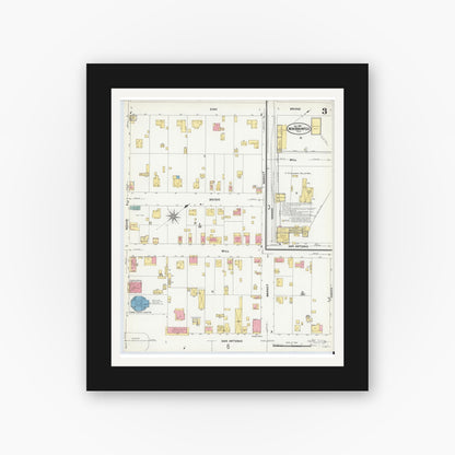 Old map wall art mockup — black gallery frame with white mat — Sanborn Fire Insurance Map from New Braunfels, Comal County, Texas (1907), Sheet #0003