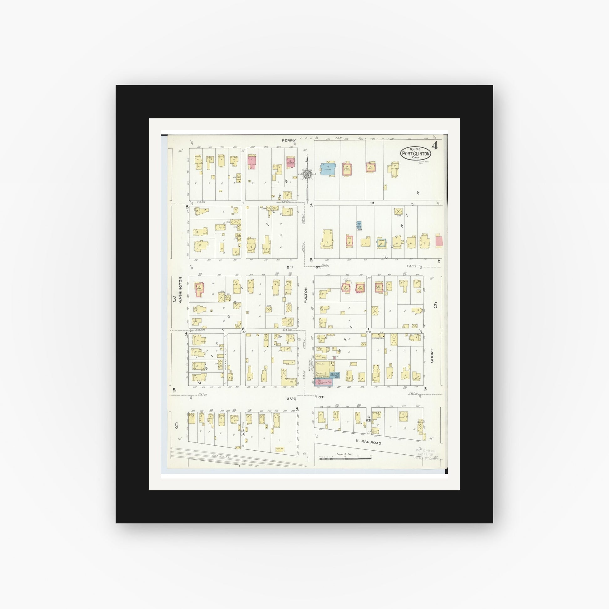 Old map wall art mockup — black gallery frame with white mat — Sanborn Fire Insurance Map from Port Clinton, Ottawa County, Ohio (1910), Sheet #0004