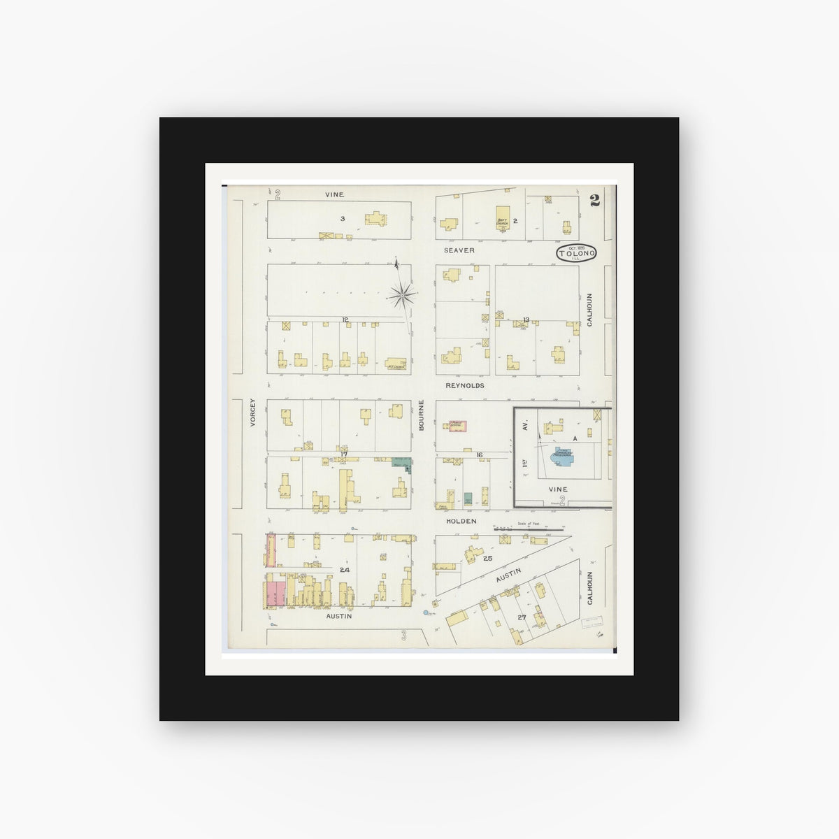 Old map wall art mockup — black gallery frame with white mat — Sanborn Fire Insurance Map from Tolono, Champaign County, Illinois (1893), Sheet #0002