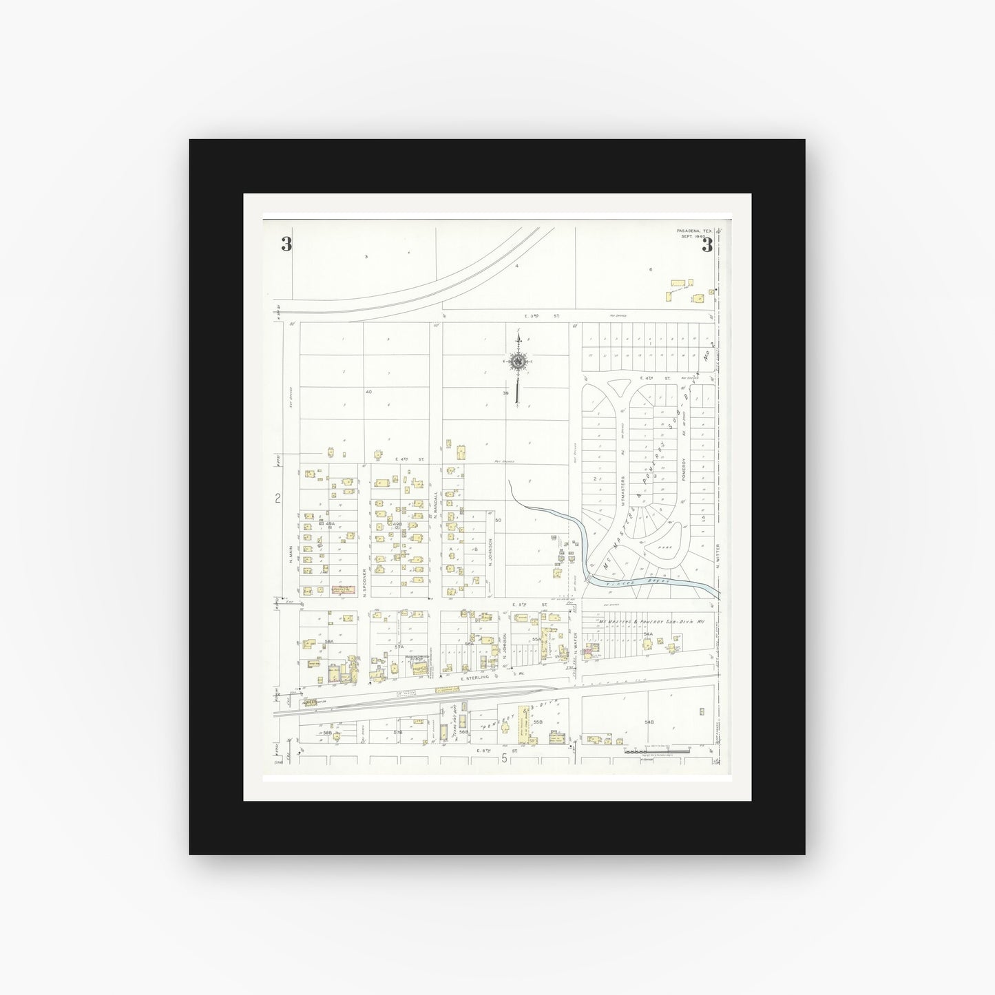 Old map wall art mockup — black gallery frame with white mat — Sanborn Fire Insurance Map from Pasadena, Harris County, Texas (1940), Sheet #0003