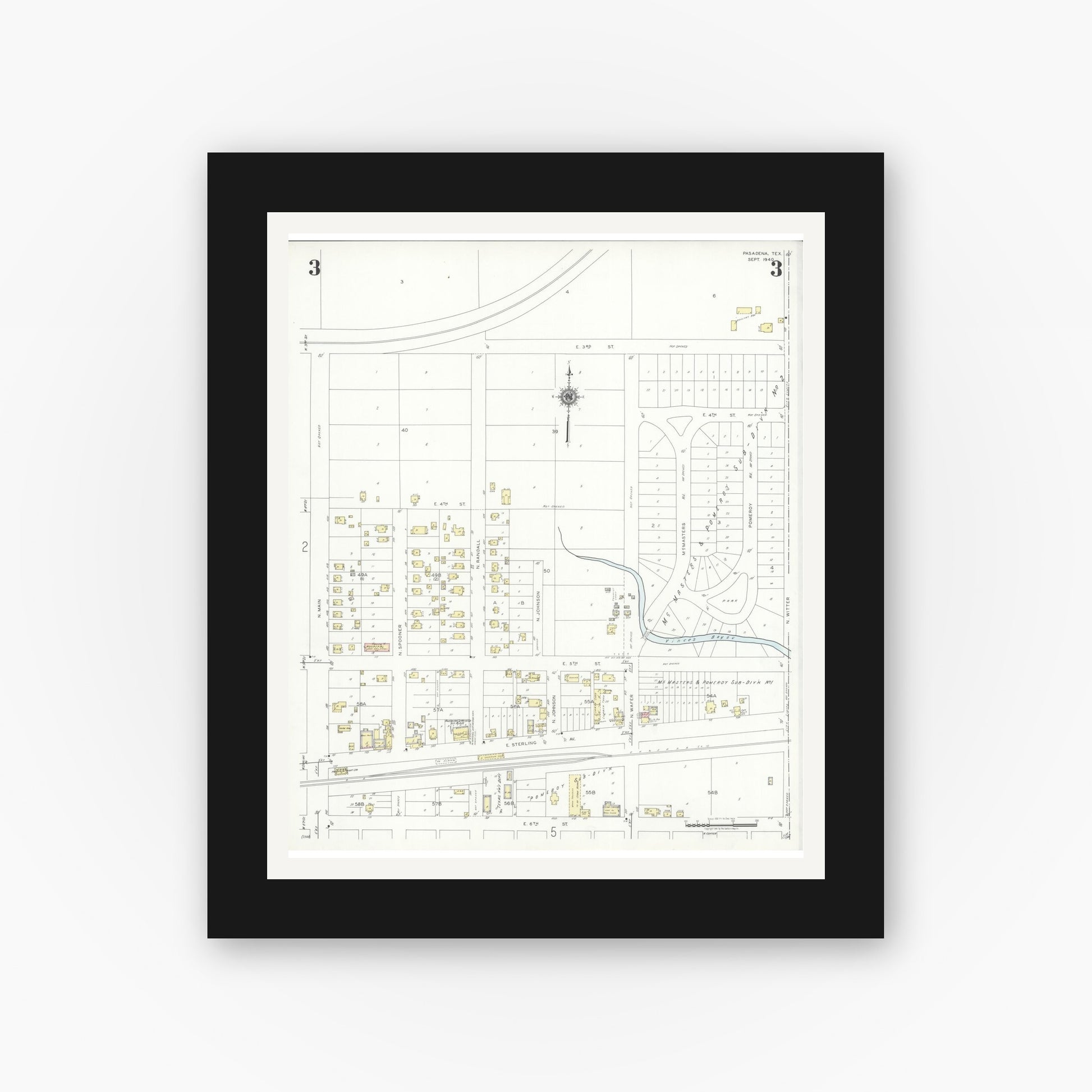 Old map wall art mockup — black gallery frame with white mat — Sanborn Fire Insurance Map from Pasadena, Harris County, Texas (1940), Sheet #0003