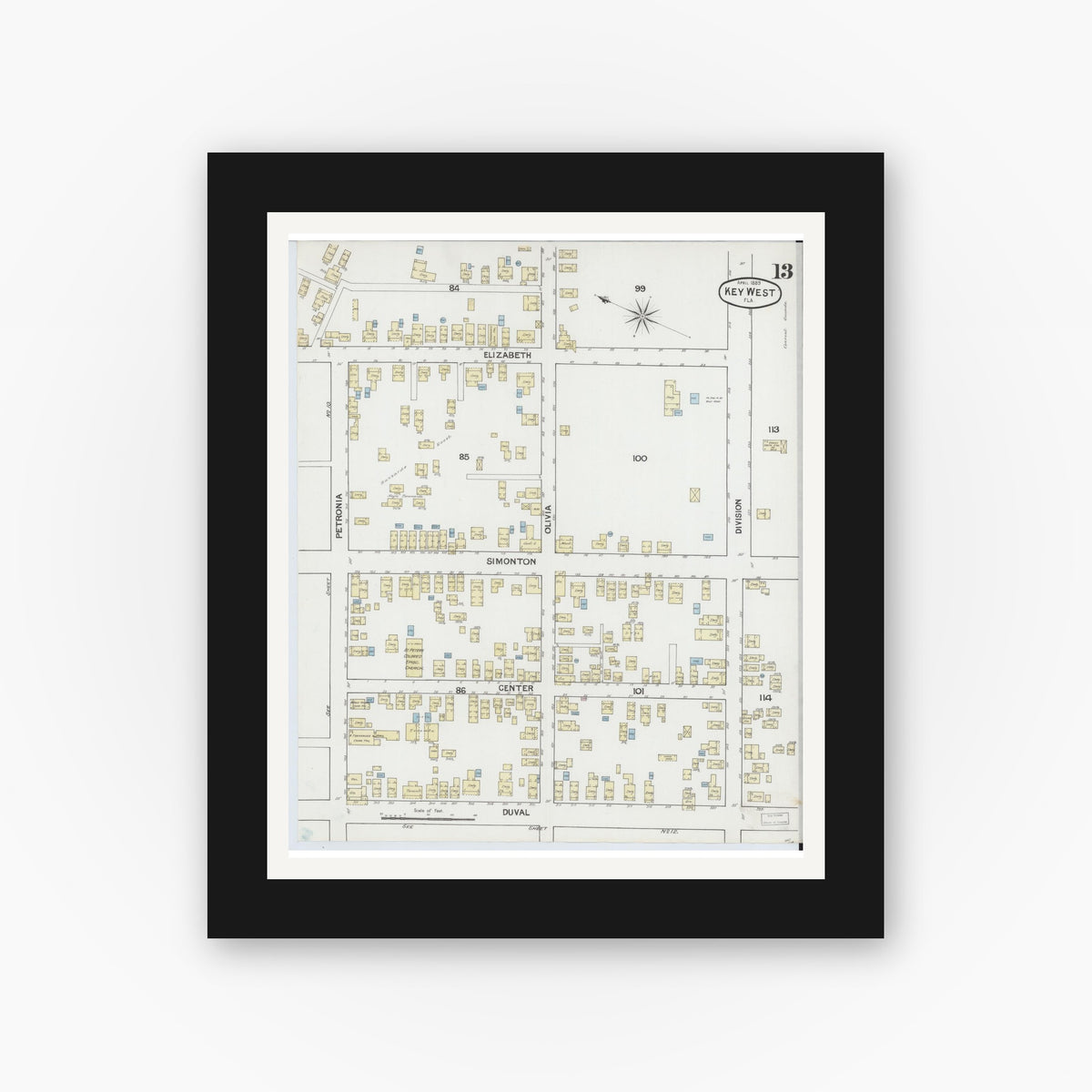 Old map wall art mockup — black gallery frame with white mat — Sanborn Fire Insurance Map from Key West, Monroe County, Florida (1889), Sheet #0013