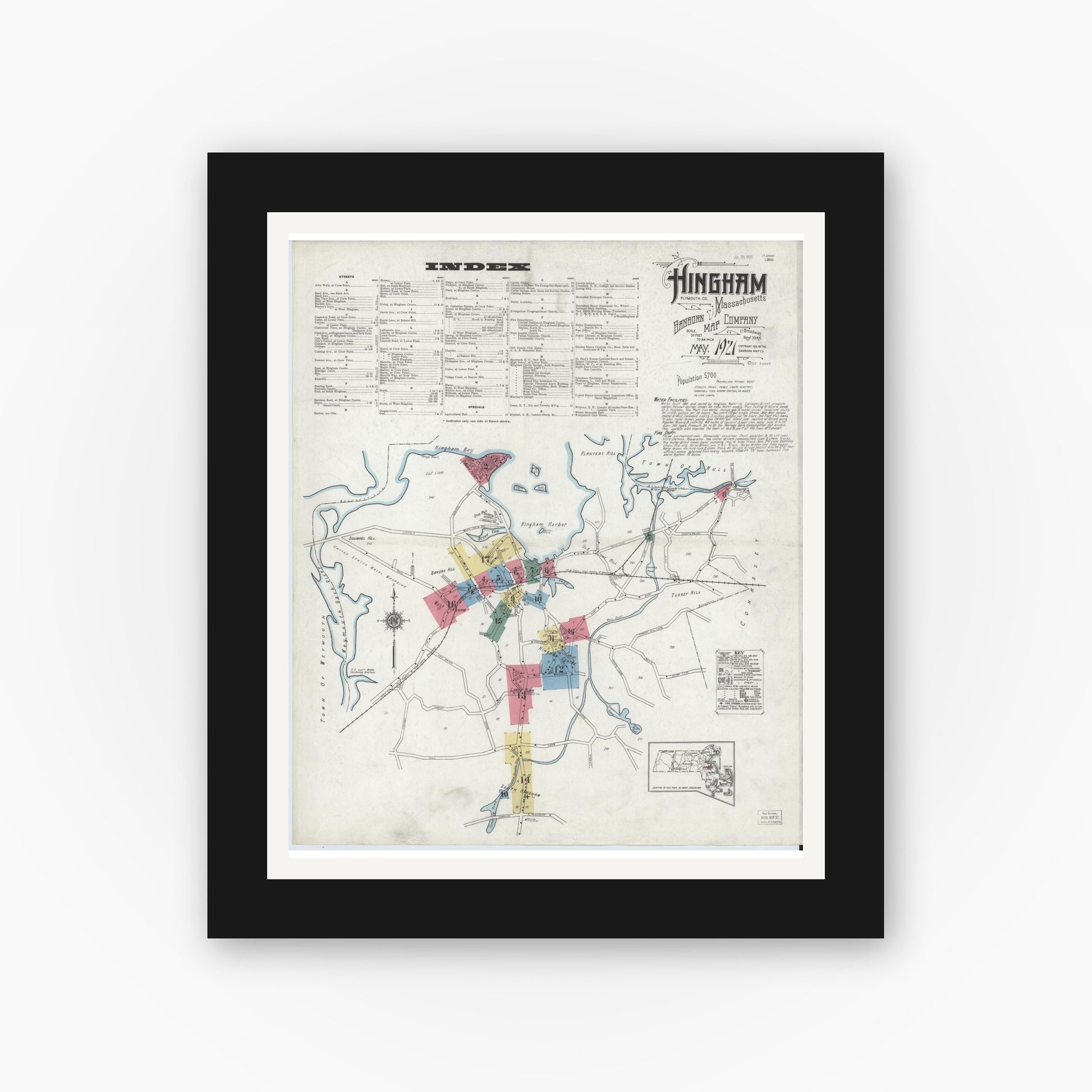 Old map wall art mockup — black gallery frame with white mat — Sanborn Fire Insurance Map from Hingham, Plymouth County, Massachusetts (1921) - Complete Map Set