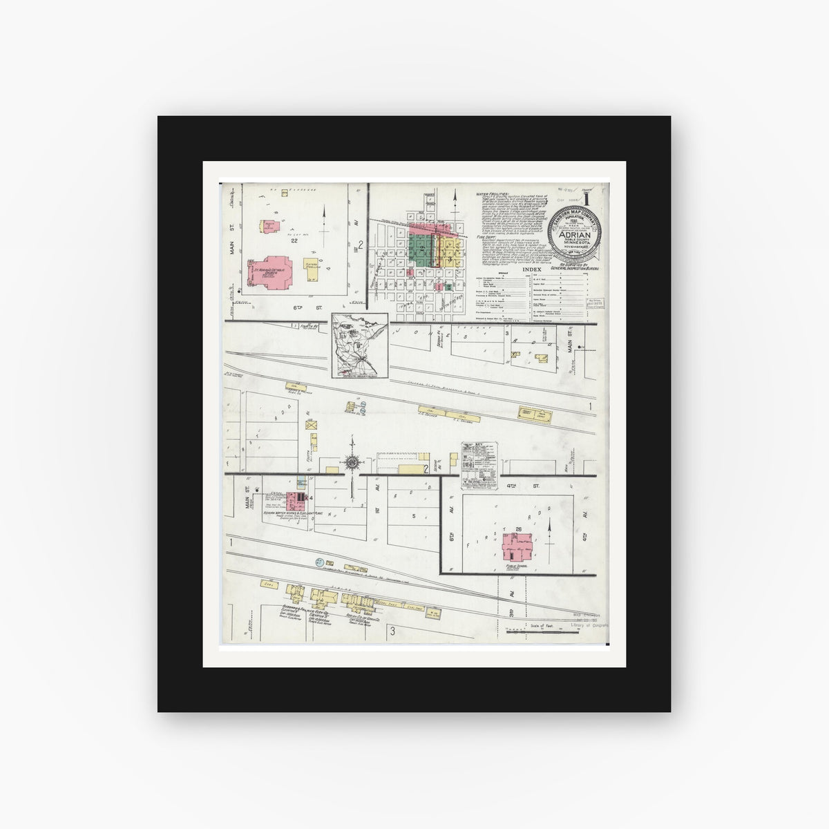 Old map wall art mockup — black gallery frame with white mat — Sanborn Fire Insurance Map from Adrian, Nobles County, Minnesota (1922) - Complete Map Set