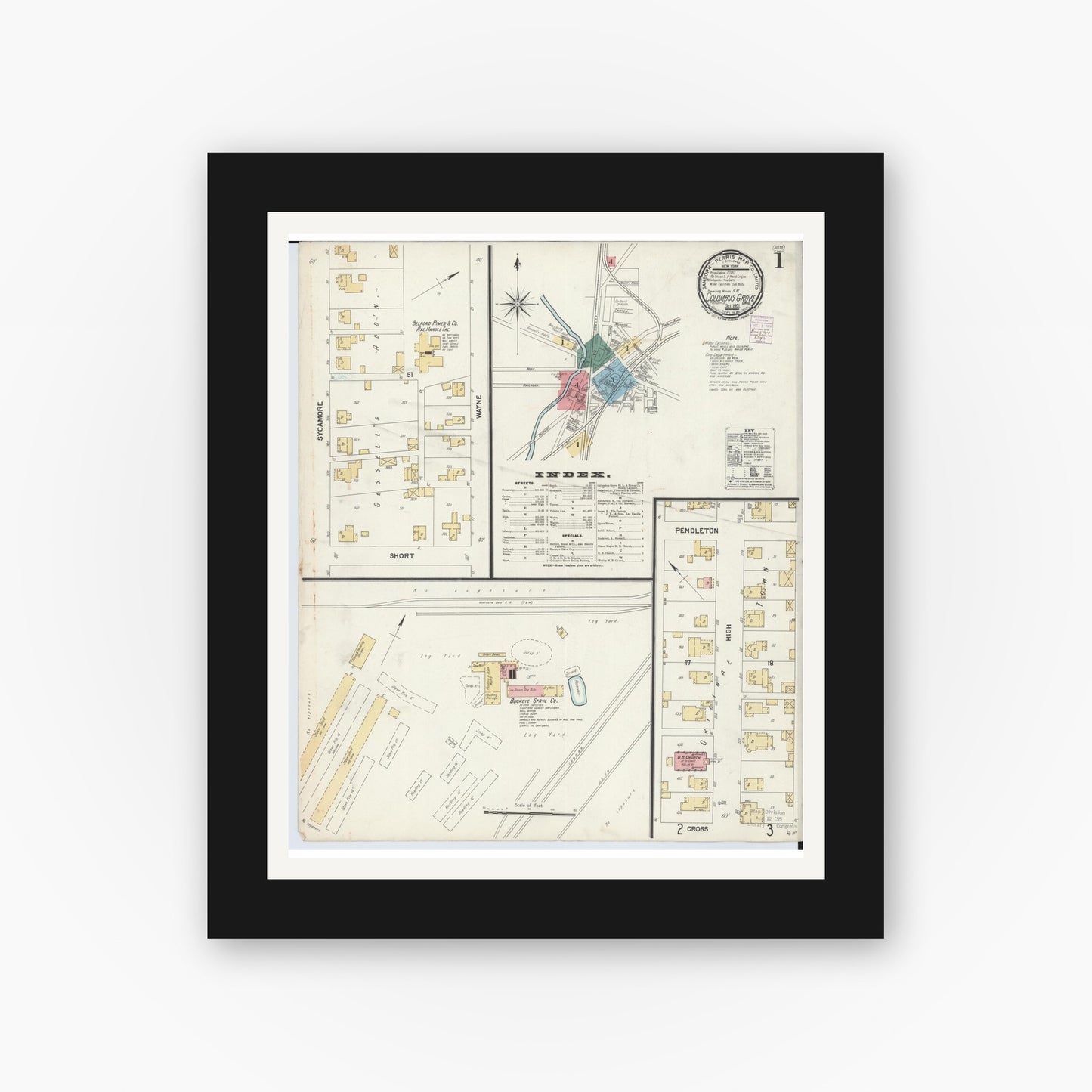 Old map wall art mockup — black gallery frame with white mat — Sanborn Fire Insurance Map from Columbus Grove, Putnam County, Ohio (1901) - Complete Map Set