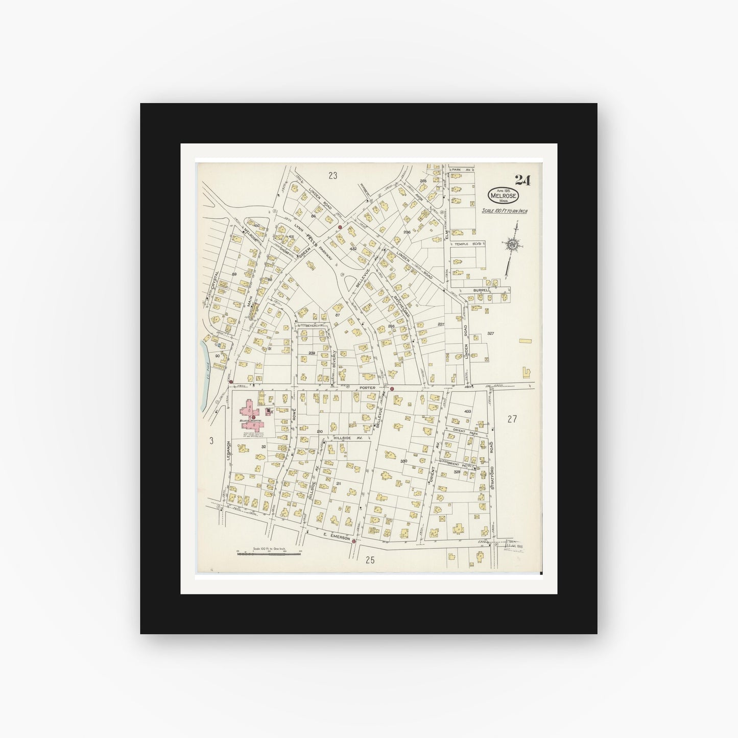 Old map wall art mockup — black gallery frame with white mat — Sanborn Fire Insurance Map from Melrose, Middlesex County, Massachusetts (1915), Sheet #0024