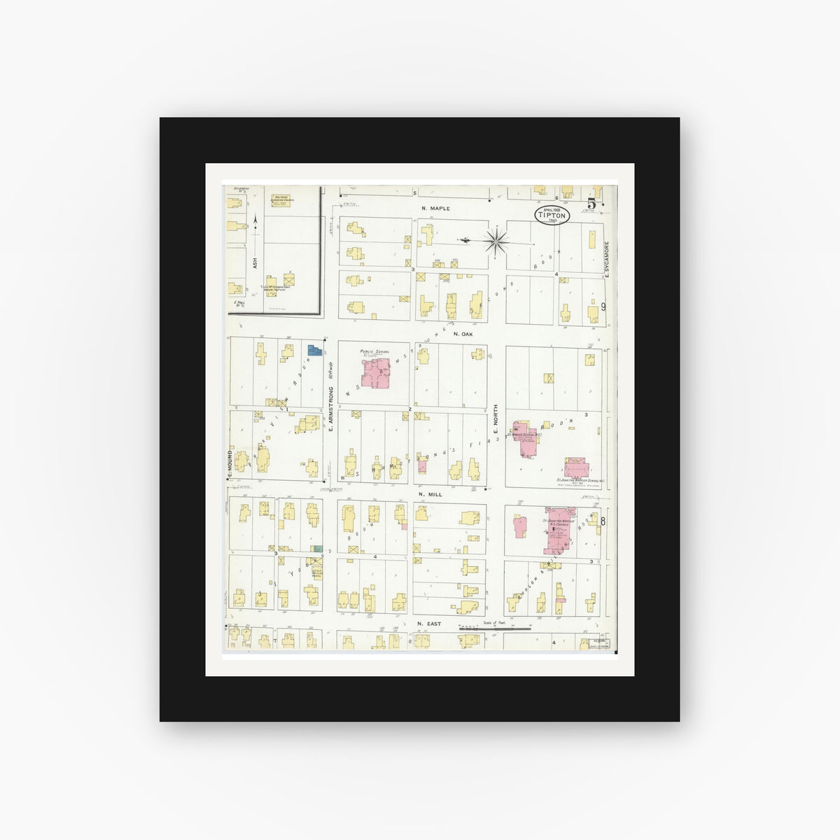 Old map wall art mockup — black gallery frame with white mat — Sanborn Fire Insurance Map from Tipton, Tipton County, Indiana (1909), Sheet #0005