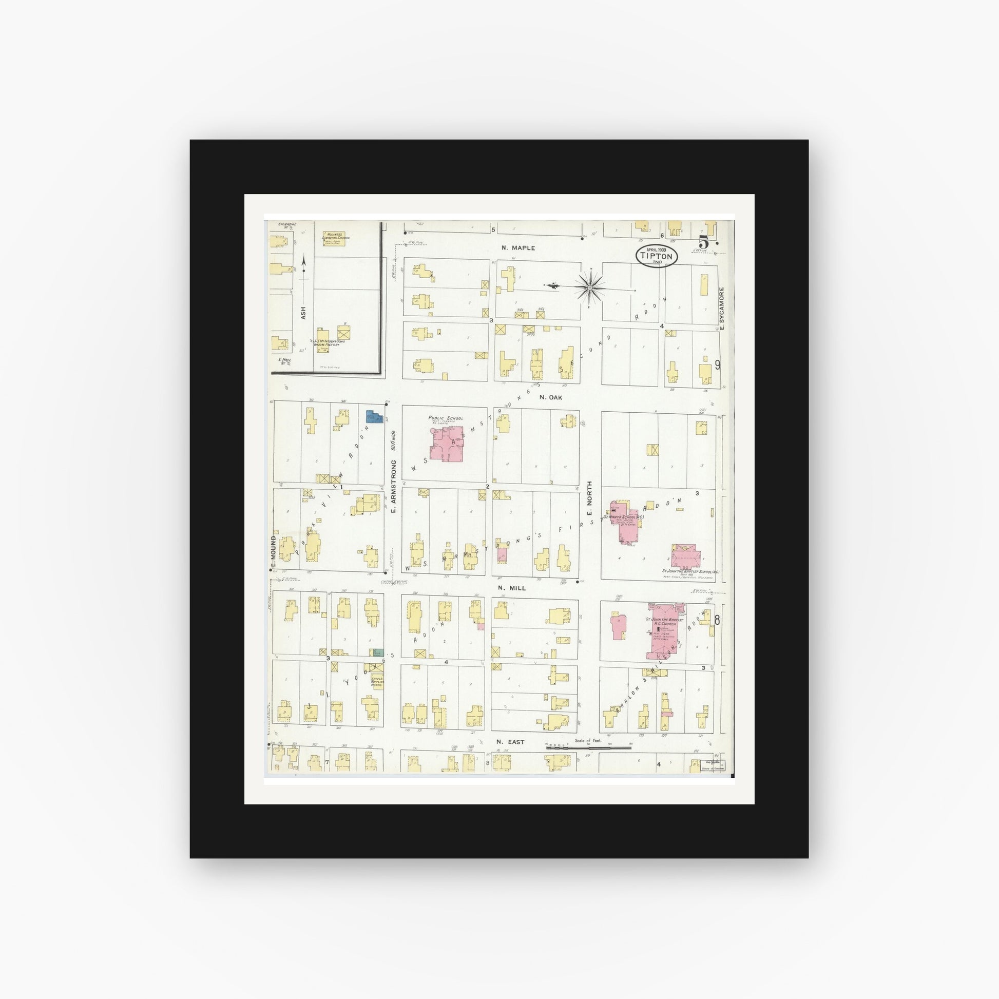 Old map wall art mockup — black gallery frame with white mat — Sanborn Fire Insurance Map from Tipton, Tipton County, Indiana (1909), Sheet #0005