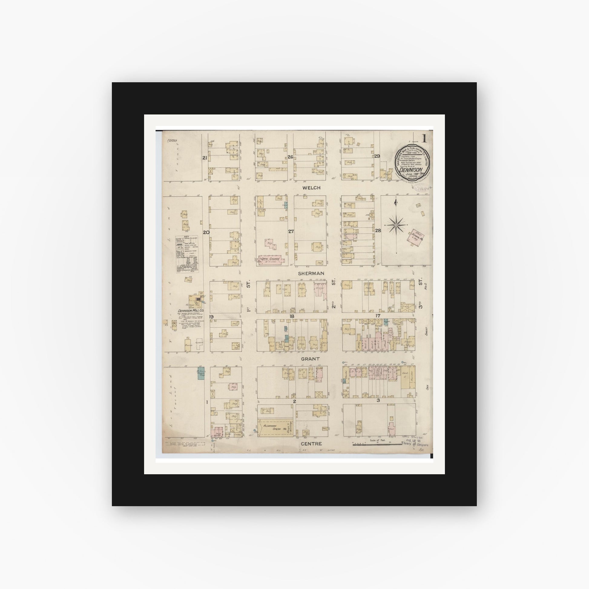 Old map wall art mockup — black gallery frame with white mat — Sanborn Fire Insurance Map from Dennison, Tuscarawas County, Ohio (1887) - Complete Map Set