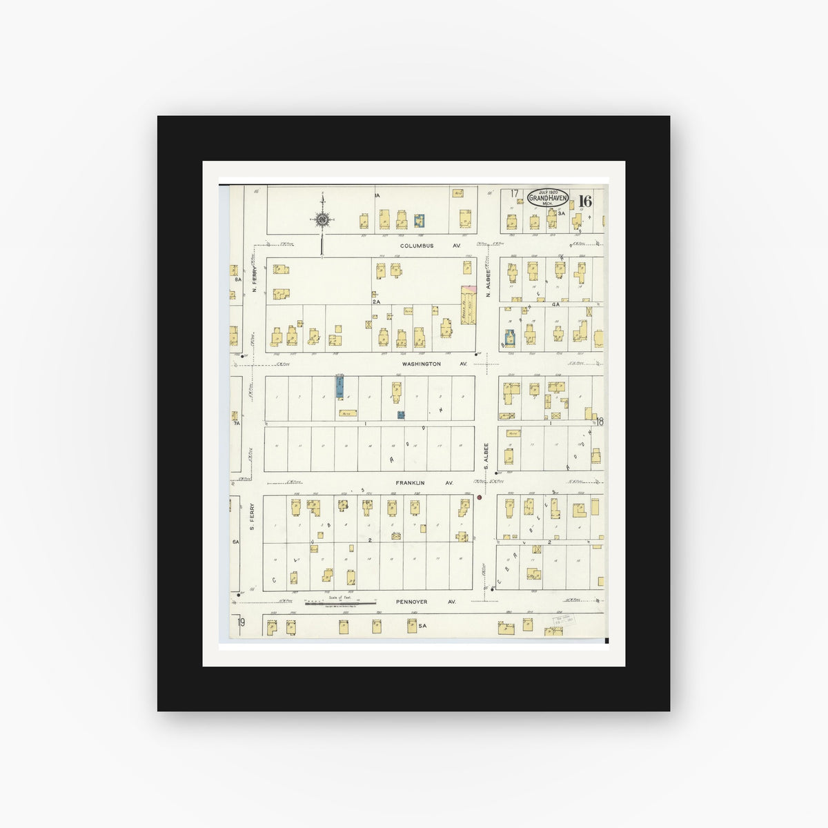Old map wall art mockup — black gallery frame with white mat — Sanborn Fire Insurance Map from Grand Haven, Ottawa County, Michigan (1920), Sheet #0016