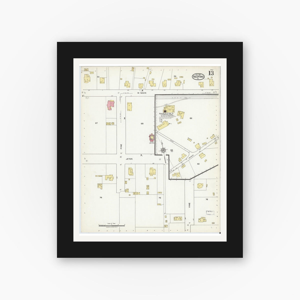 Old map wall art mockup — black gallery frame with white mat — Sanborn Fire Insurance Map from Bedford, Independent Cities, Virginia (1921), Sheet #0013