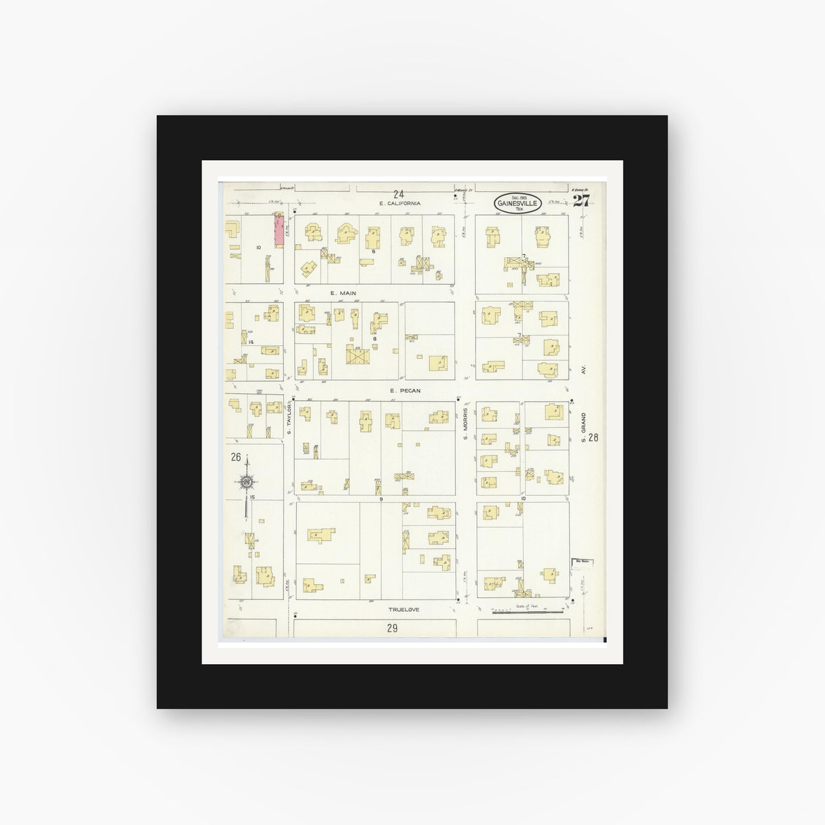 Old map wall art mockup — black gallery frame with white mat — Sanborn Fire Insurance Map from Gainesville, Cooke County, Texas (1913), Sheet #0027