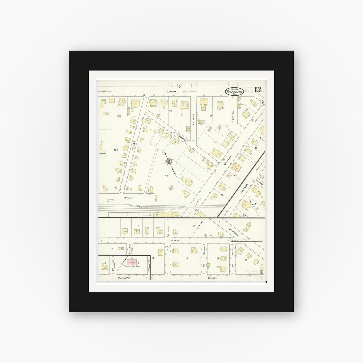 Old map wall art mockup — black gallery frame with white mat — Sanborn Fire Insurance Map from Waxahachie, Ellis County, Texas (1914), Sheet #0012