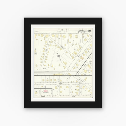 Old map wall art mockup — black gallery frame with white mat — Sanborn Fire Insurance Map from Waxahachie, Ellis County, Texas (1914), Sheet #0012